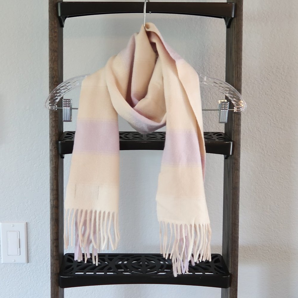 Lochcarron Cashmere Plaid Scarf From Scotland Purple , Tan & Off White/Cream - Picture 1 of 14